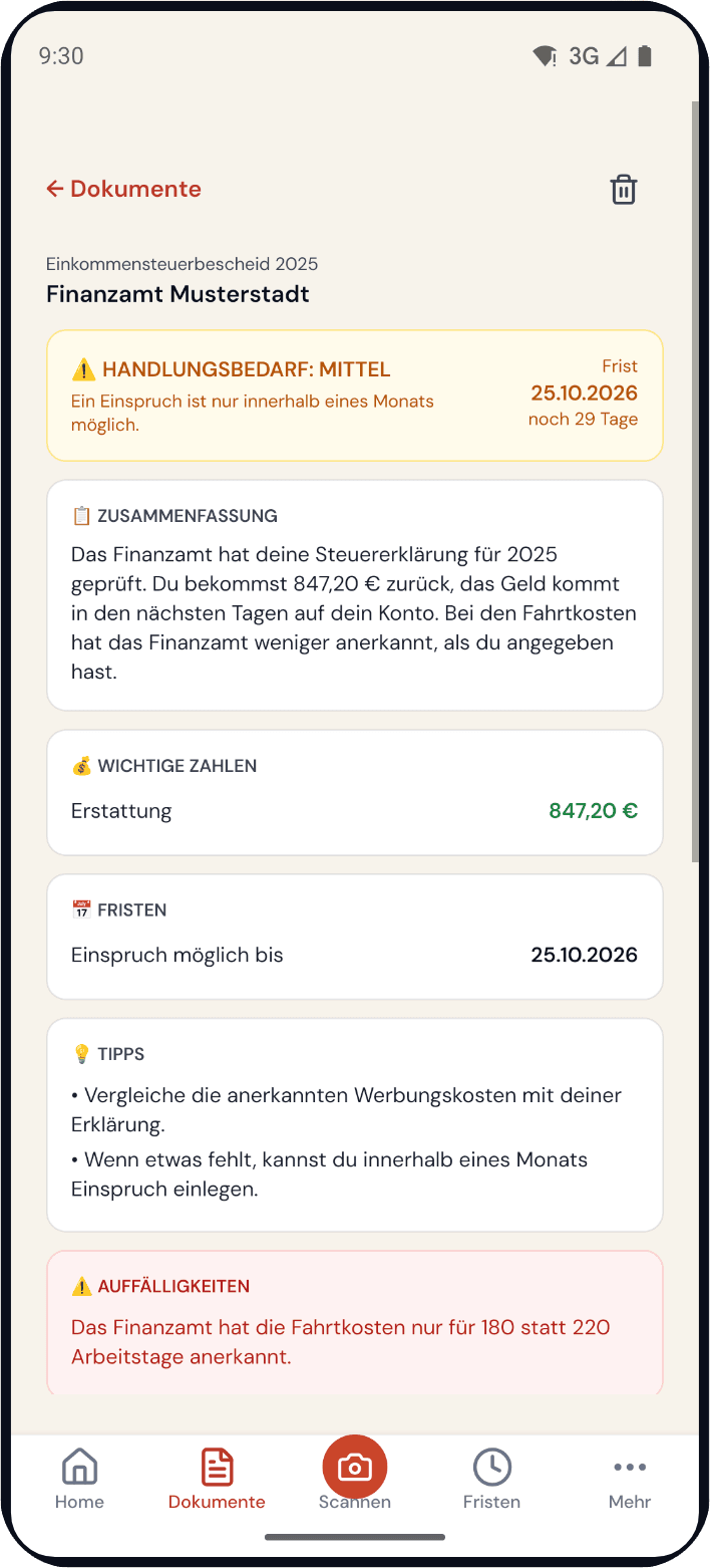 Screenshot der BriefGeist-App mit der Analyse eines Briefs